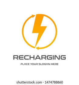 Recharging vector logo template with flash symbol.