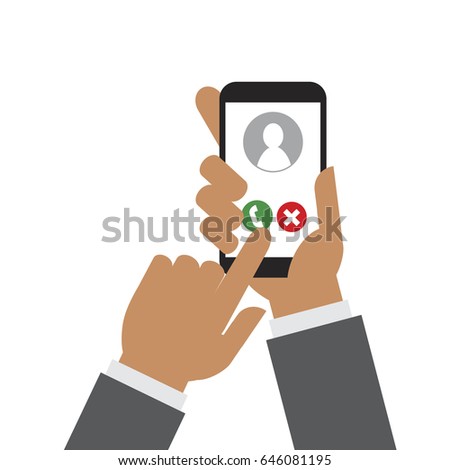 Recieving call. Hand holding smartphone. Flat design.