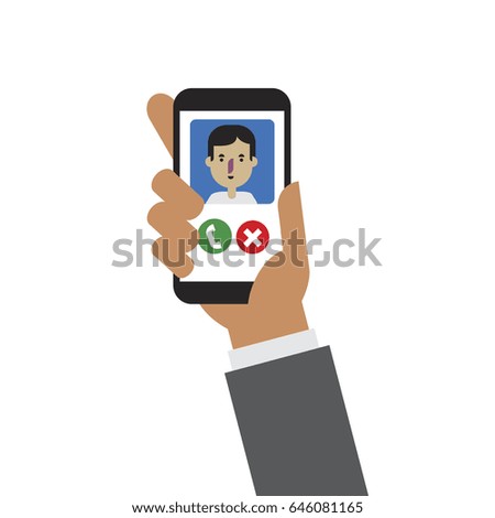 Recieving call from man. Hand holding smartphone. Flat design.