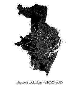 Recife, Brasil, mapa vectorial de alta resolución con límites de ciudad, y caminos editables. El mapa de la ciudad fue dibujado con áreas blancas y líneas para carreteras principales, caminos laterales y cursos de agua en un negro