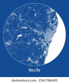 Recife Brasil Mapa de la ciudad de Sudamérica Impresión azul Circular ilustración vectorial