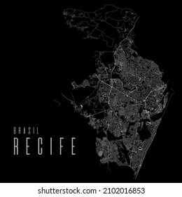 Afiche del mapa del vector de la ciudad de Recife. Mapa de calle lineal cuadrado del municipio de Brasil, área municipal administrativa, líneas blancas sobre fondo negro, con título.