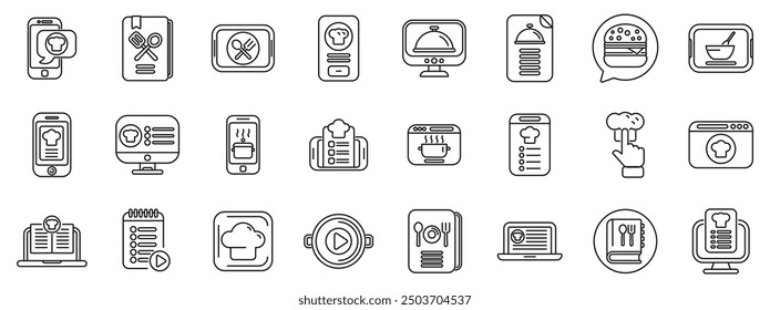 Recipe app icons set. This collection of icons represents the modern approach to cooking and food, highlighting the use of technology in sharing recipes, culinary tips, and online food ordering