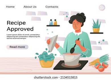 Recipe approved vector landing page template. A woman cooking soup on a stove. Salad, vegetables, and kitchen utensils. Vector cartoon illustration, dinner, cozy home atmosphere.