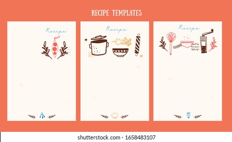 Recipe banner menu design with cute doodle icons, food set flyer cover