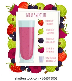 The recipe for berry smoothies. Vector illustration. A healthy drink with ingredients.