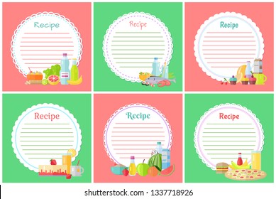 Recipe with blank banners vector, food bottles with water and jar with juice, hamburger and pizza. Watermelon and strawberry cheesecake cake dietary