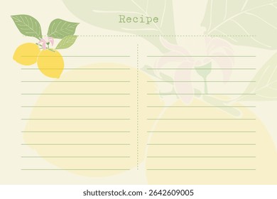 Recipe blank note sheet with Lemon branch with fruits. Vintage old paper style.