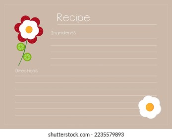 Recipe blank template for notes. Illustration of scrambled eggs with sausage and cucumber.