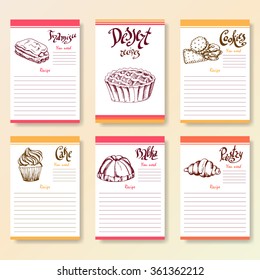 Recipe blanks collection. Dessert objects with hand dawn lettering. Vector food illustration