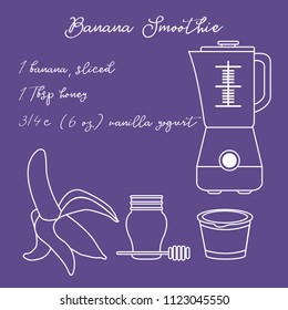 Recipe, blender and ingredients for making banana smoothie. Healthy eating habits. Design for banner and print.