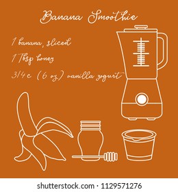 Recipe, blender and ingredients for making banana smoothie. Healthy eating habits. Design for banner and print.