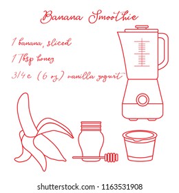 Recipe, blender and ingredients for making banana smoothie. Healthy eating habits. Design for banner and print.