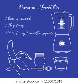 Recipe, blender and ingredients for making banana smoothie. Healthy eating habits. Design for banner and print.