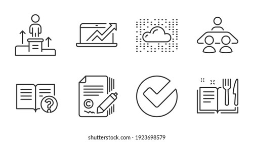 Recipe book, Cloud system and Sales diagram line icons set. Copywriting, Business podium and Verify signs. Interview job, Help symbols. Food, Data storage, Sale growth chart. Education set. Vector