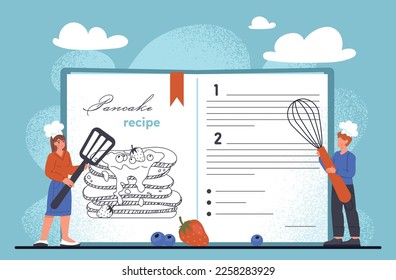Recipe book concept. Man with mixer and woman with spatula, novice cooks write down ingredients. Preparation steps for pancake with berries. Preparation and learning. Cartoon flat vector illustration