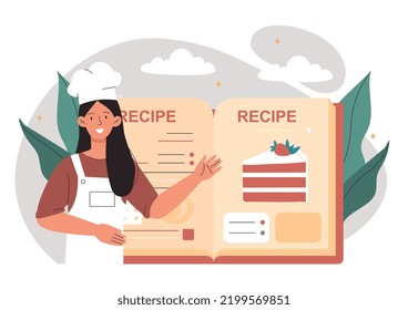 Recipe book concept. Young woman looks at dishes that can be prepared from ingredients. Information, training and education, skills development. Novice cook. Cartoon flat vector illustration