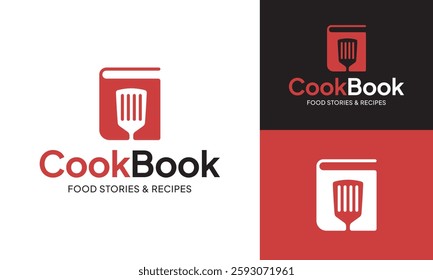 Recipe Book or Cook Book Logo Design Template. The logo is a combination of Book and Spatula. Suitable for Recipe Book, CookBook, Cooking Class Teacher Instructor, Tutorial, Food Blogger Vlogger, etc 