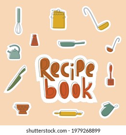 Recipe book- cooking lettering with kitchen tools, cookware in boho colors outline. Vector stock illustration on background for print industry, web site online school.