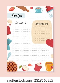 Recipe book cover design concept. Food, tasty dishes and swipe next to lines for text. List of ingredients and recipe. Template, layout and mock up. Cartoon flat vector illustration