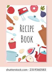 Concepto de diseño de portada de libros de recetas. Deliciosa comida y comida lista. Utensilios de cocina. Plantilla, disposición y burla. Clase maestra de cocina, lista de ingredientes. Dibujo vectorial plano de dibujos animados