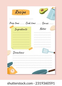 Recipe book cover design concept. Avocado, scales and spatula next to space for notes. Knowledge and information, recipe and master class, preparation. Cartoon flat vector illustration