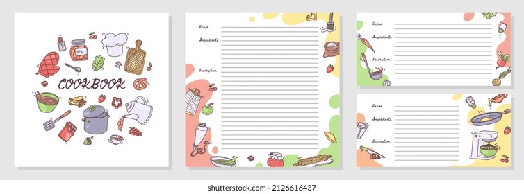 Cubierta del libro de recetas y plantilla de hojas con espacio para ingredientes y descripción, ilustración del vector del doodle. Libro de cocina hecho a mano con utensilios y herramientas de cocina. Conjunto de papeles para cuadernos.