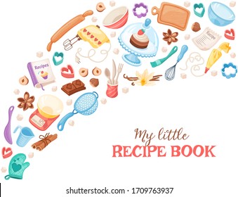 Recipe book cover template. Baking utensils composition isolated on white background. Poster with cartoon kitchen tools.