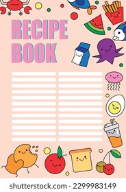 recipe book design, copy space. Decorated by cute kawaii food mascots