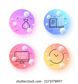 Recipe book, Donation and Web tutorials minimal line icons. 3d spheres or balls buttons. Time management icons. For web, application, printing. Food, Fundraising, Quick tips. Office clock. Vector