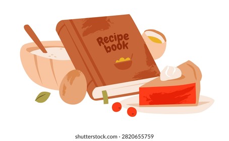 Recipe book featuring a homemade pie, mixing bowl, egg, and cozy baking elements. Flat vector illustration for cookbook covers, recipe templates, bakery promotions.