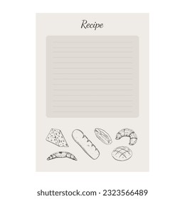 Recipe book. Hand drawn vector illustration with bread, croissant, baguette, croissant, french baguette.