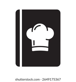 Recipe book icon with a chef hat representing a cookbook for culinary instruction cooking guide and gourmet meal preparation in the kitchen vector solid glyph icon