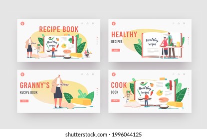 Recipe Book Landing Page Template Set. Characters Cooking Healthy Food. Men and Women Mix Ingredients Eggs, Butter and Flour for Cooking, Granny with Fresh Bakery. Cartoon People Vector Illustration