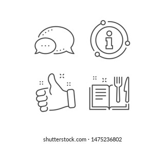 Recipe book line icon. Chat bubble, info sign elements. Cutlery sign. Fork, knife symbol. Linear recipe book outline icon. Information bubble. Vector