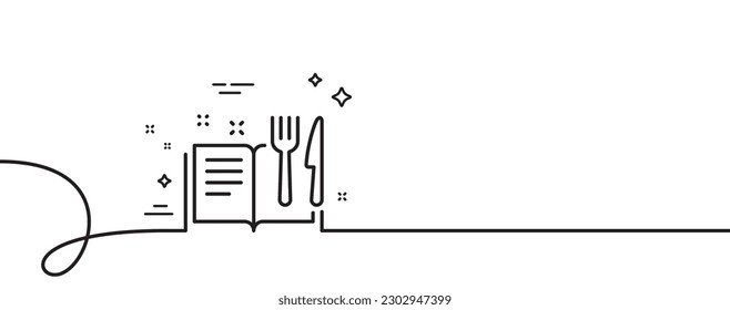 Recipe book line icon. Continuous one line with curl. Cutlery sign. Fork, knife symbol. Recipe book single outline ribbon. Loop curve pattern. Vector