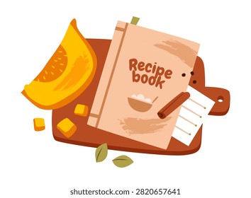 Recipe book on a cutting board with fresh pumpkin, cinnamon stick, recipe card, and autumn cooking ingredients. Flat vector illustration.