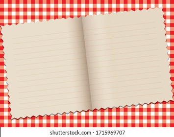 Recipe book on red white table cloth, vector illustration