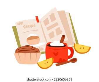 Recipe book page with apple muffin, hot chocolate, whipped cream, and cozy autumn baking elements. Cozy baking ingredients. Flat vector illustration fall baking.