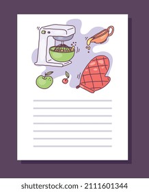 Recipe book page for baking food preparing with kitchen utensils. Culinary book blank page or menu template, hand drawn vector illustration on white background.