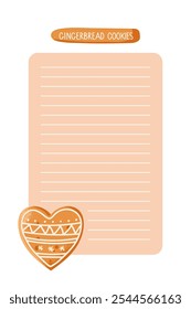 Recipe book page with Gingerbread Heart Shape cookie. Empty template card. Lined page with copy space for writing recipes. Homemade Christmas cookie. Vector isolated on white. Sweet baked pastrie