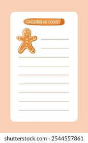 Recipe book page with Gingerbread Man cookie. Empty template card. Lined page with copy space for writing recipes. Homemade Christmas cookie. Vector isolated on white background. Sweet baked pastrie