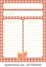 Recipe book page template with cute strawberries and checkered background