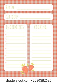 Recipe book page template with cute strawberries and checkered background