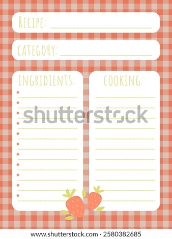 Recipe book page template with cute strawberries and checkered background