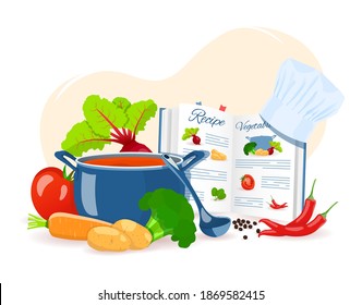 Recipe book, pan with soup, vegetables. Recipes, homemade food, food preparation, learning concept. Isolated vector illustration for flyer, poster, banner.