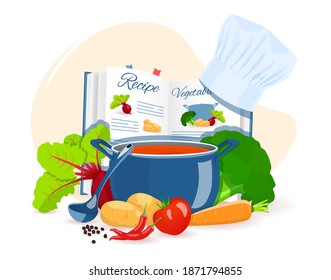 Recipe book, pan with soup, vegetables. Recipes, homemade food, food preparation, learning concept. Isolated vector illustration for flyer, poster, banner.