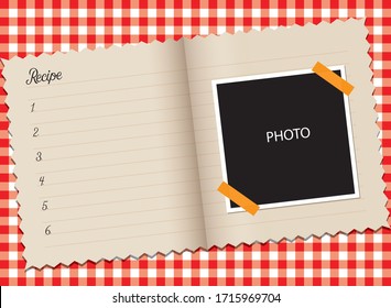 Recipe book and photo area on red white table cloth, vector illustration