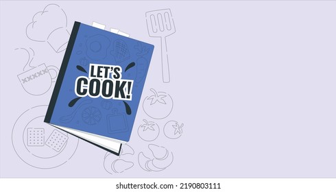 Recipe book, preparing fresh ingredients for organic meal menu. Vector illustration for restaurant menu concept. Notebook template. Vector of using hand drawn food pattern cover of cooking book