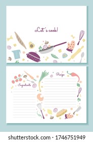 Recipe book printable template lets cook lettering vector illustration. Pages with colourful design flat style. Family cookbook. Vegetable and fruit decor. Isolated on blue background